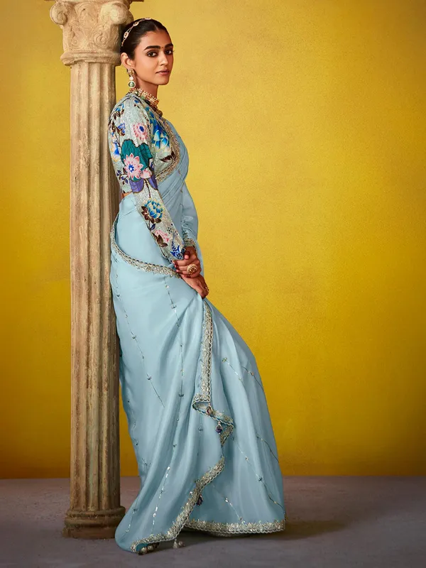 Sky blue silk saree for festival