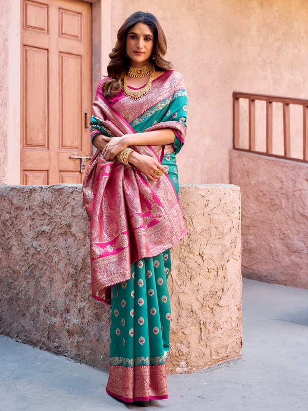 Sky blue silk saree with subtle zari finish