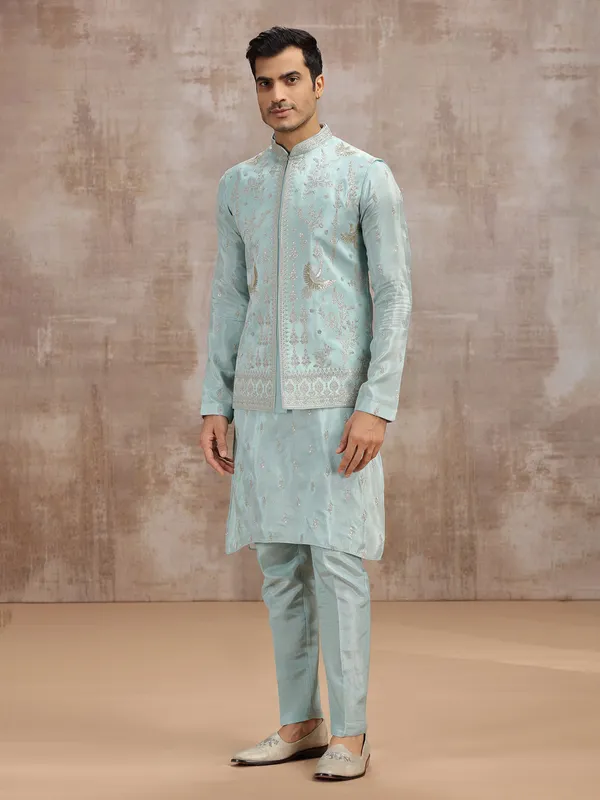 Sky blue silk waistcoat set with sequins detailing