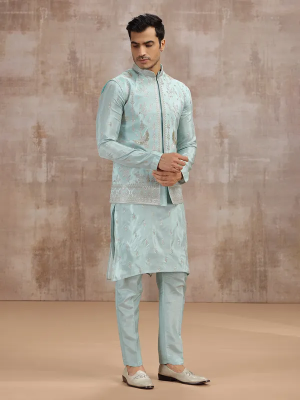 Sky blue silk waistcoat set with sequins detailing