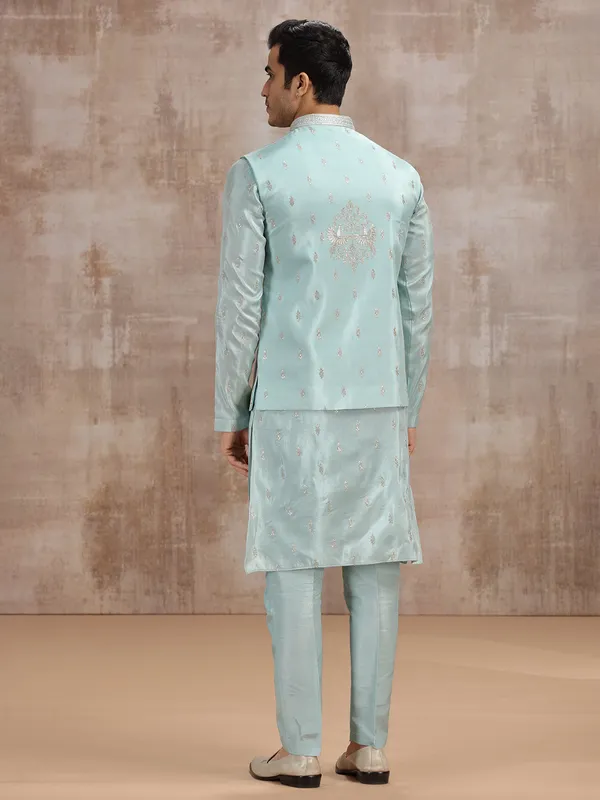 Sky blue silk waistcoat set with sequins detailing