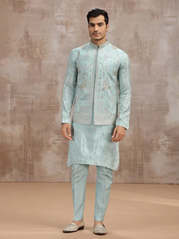Sky blue silk waistcoat set with sequins detailing