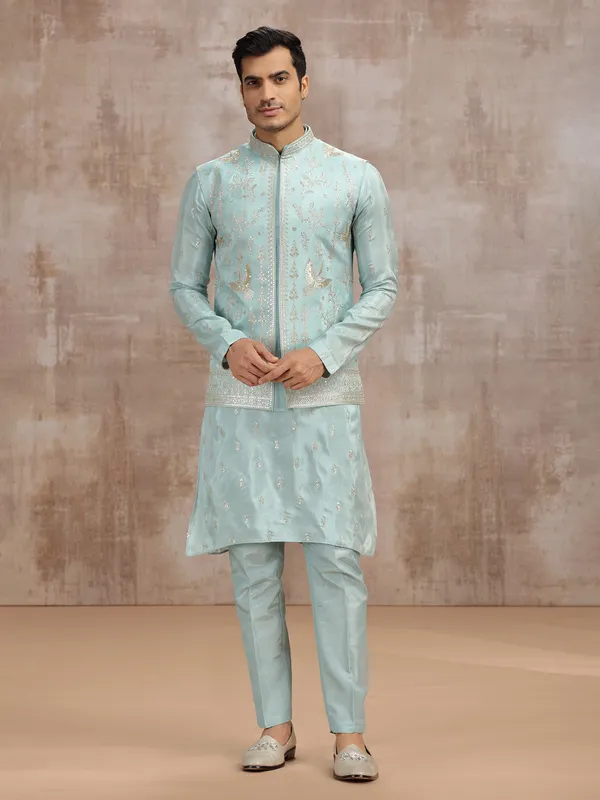 Sky blue silk waistcoat set with sequins detailing