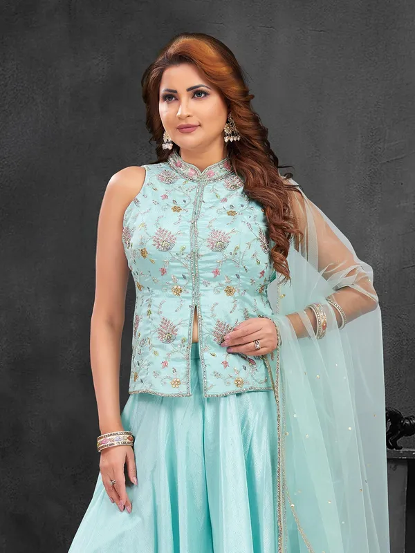 Sky blue silk wedding wear palazzo suit