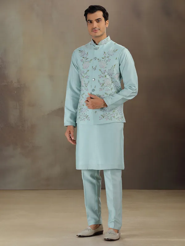 Sky blue silk wedding wear waistcoat set for men