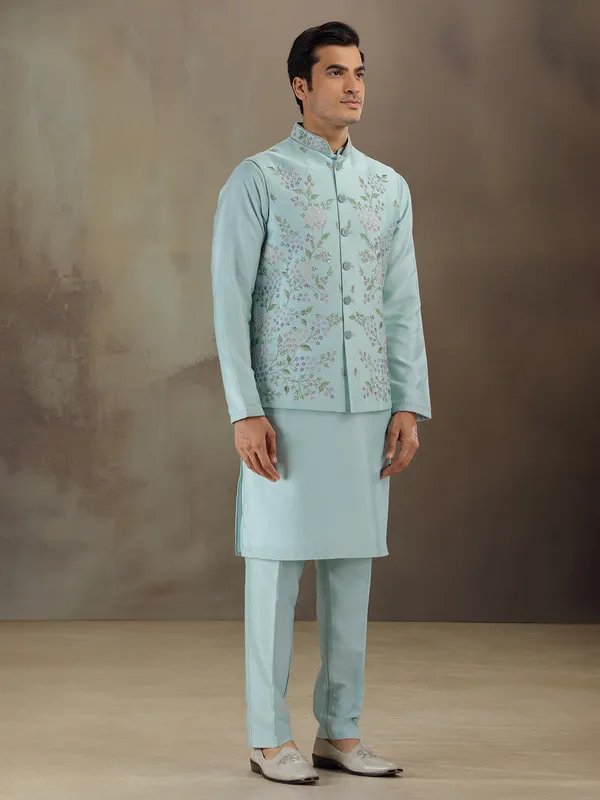 Sky blue silk wedding wear waistcoat set for men