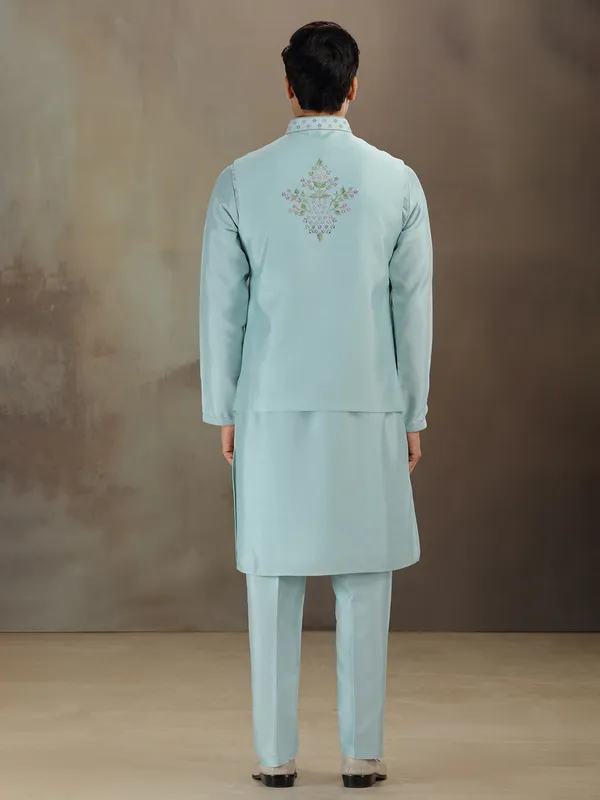 Sky blue silk wedding wear waistcoat set for men