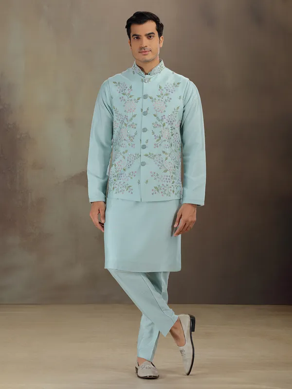 Sky blue silk wedding wear waistcoat set for men