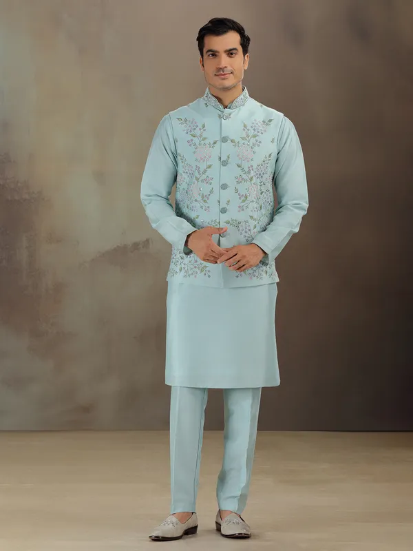 Sky blue silk wedding wear waistcoat set for men