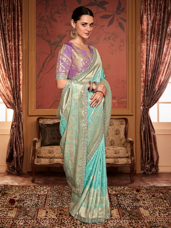 Sea blue soft dola silk saree