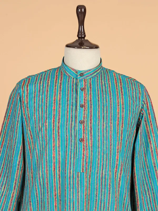 Sky blue stripe cotton kurta set with mandarin neck