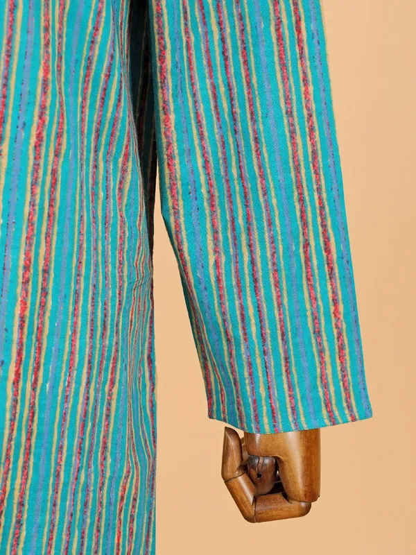 Sky blue stripe cotton kurta set with mandarin neck