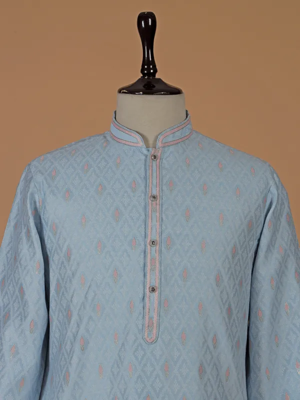 Sky blue textured silk kurta suit for men