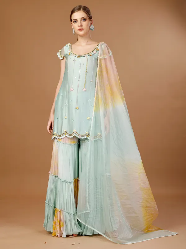 Sky blue tie-dye layered sharara suit