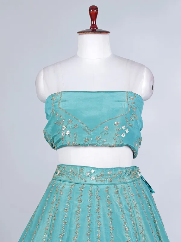 Sky blue tissue silk pearl and cutdana lehenga choli