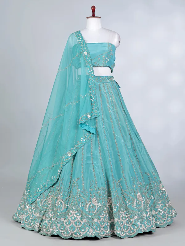 Sky blue tissue silk pearl and cutdana lehenga choli