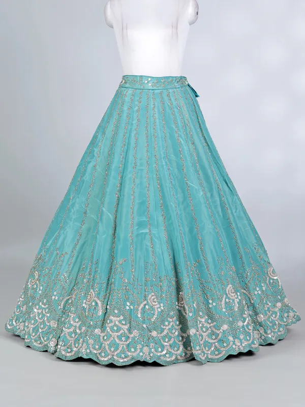 Sky blue tissue silk pearl and cutdana lehenga choli