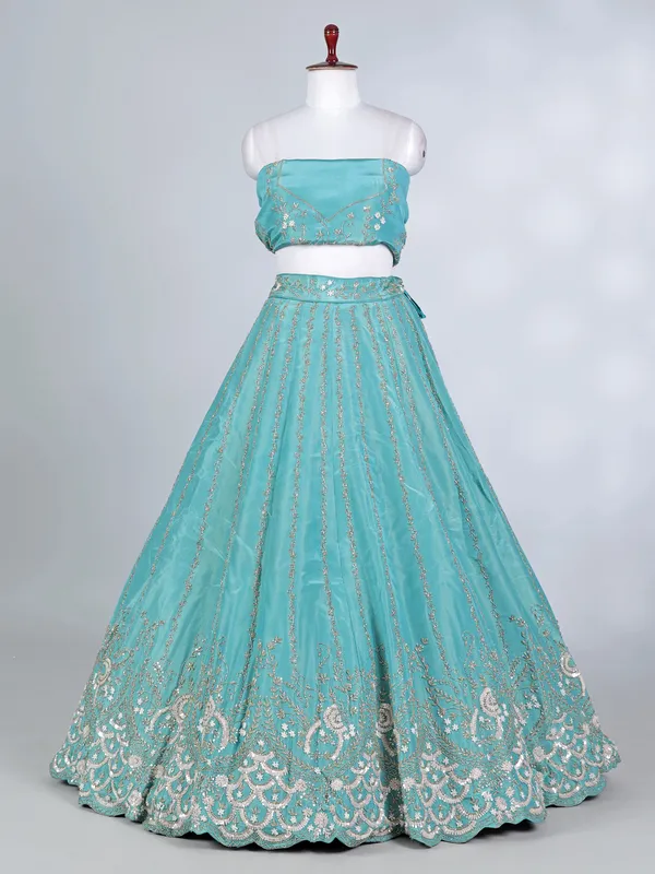 Sky blue tissue silk pearl and cutdana lehenga choli