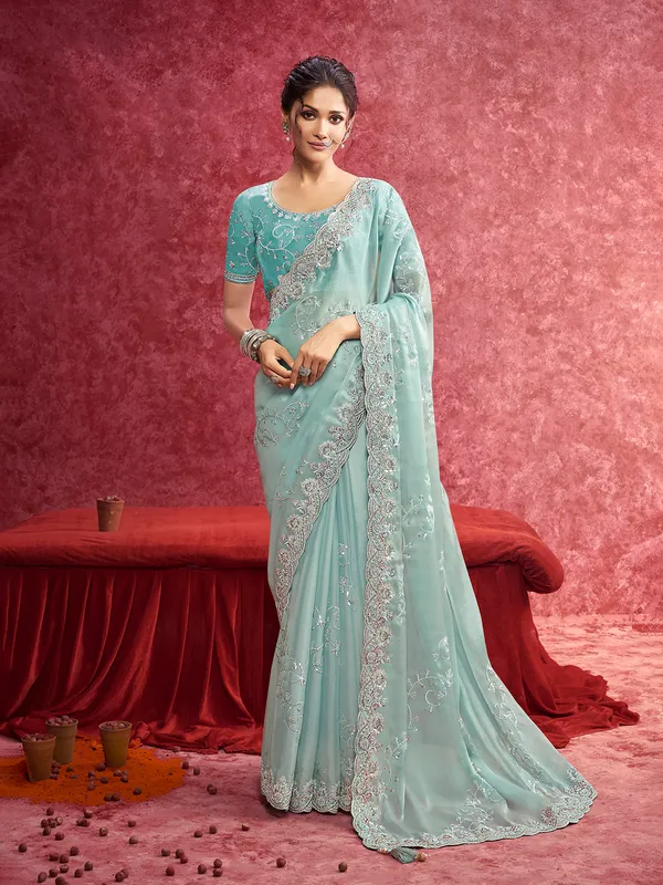 Sky blue tissue silk saree for festivals
