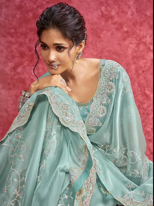 Sky blue tissue silk saree for festivals