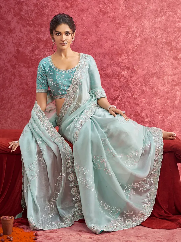 Sky blue tissue silk saree for festivals