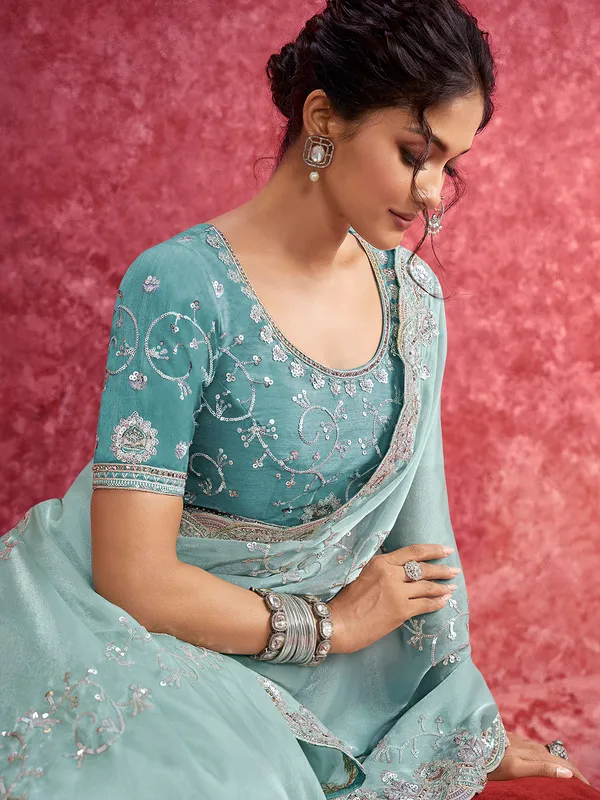 Sky blue tissue silk saree for festivals