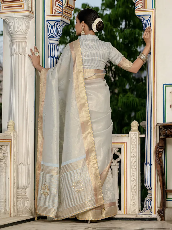 Sky Blue tissue silk saree with gota embellishments