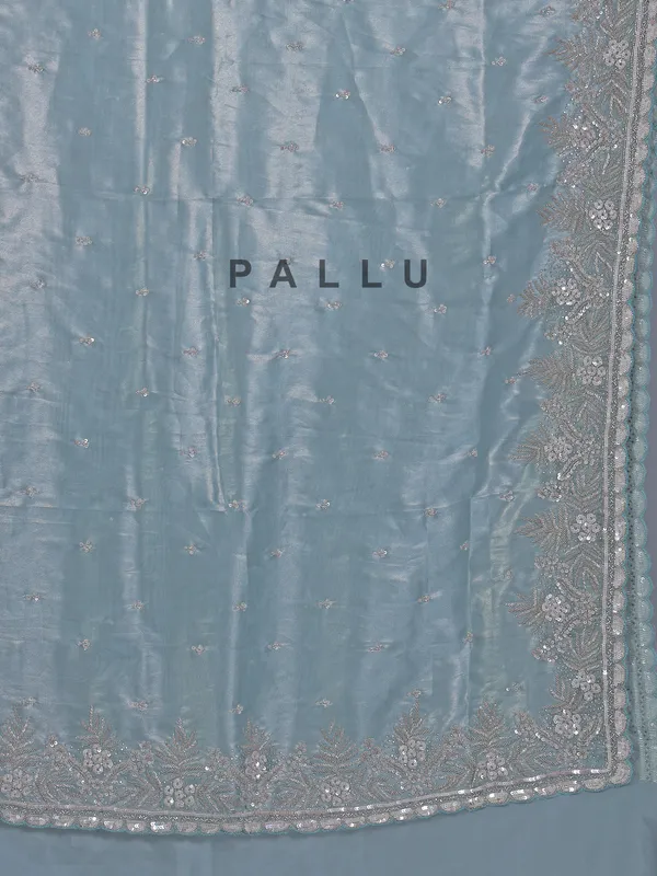 Sky blue tissue silk saree with rich cutdana embellishment
