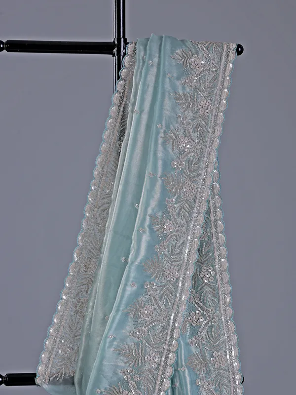 Sky blue tissue silk saree with rich cutdana embellishment