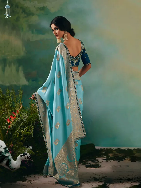 Sky blue viscose dola silk saree for wedding wear