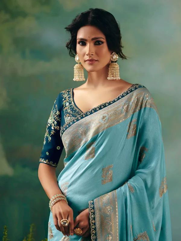 Sky blue viscose dola silk saree for wedding wear