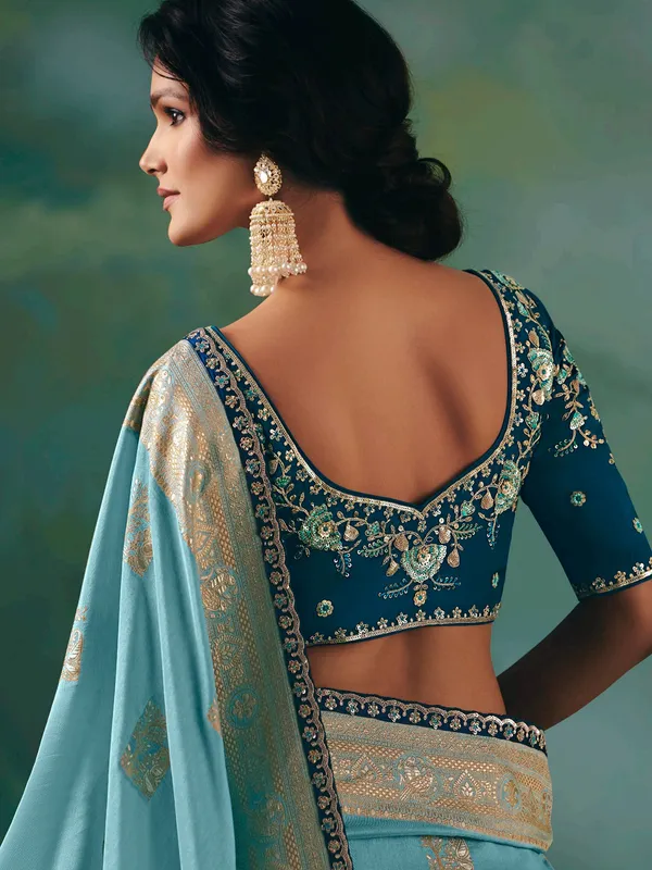 Sky blue viscose dola silk saree for wedding wear