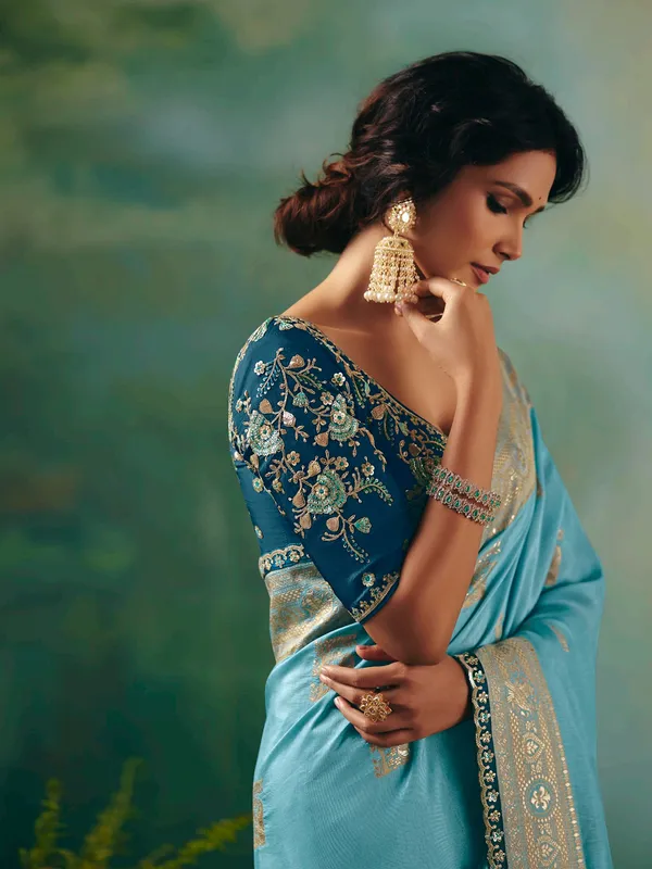 Sky blue viscose dola silk saree for wedding wear