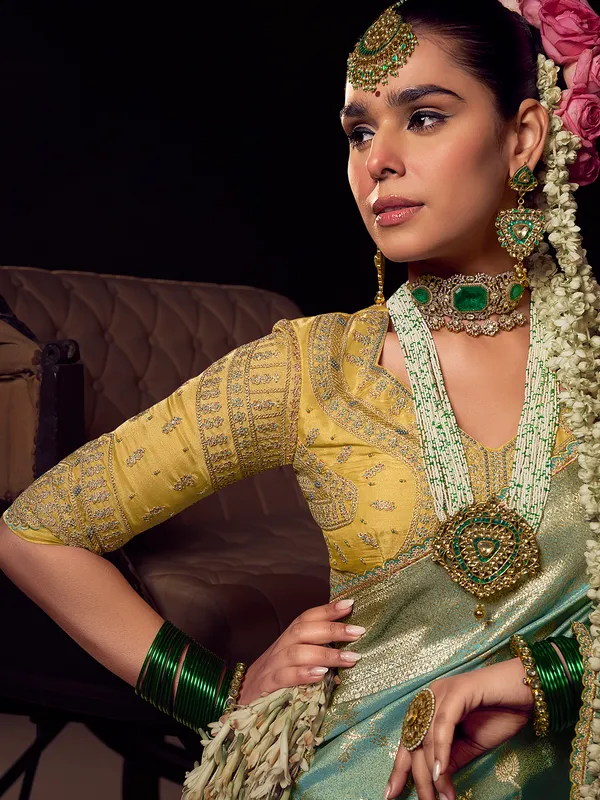 Sky blue viscose tissue silk saree for festive wear