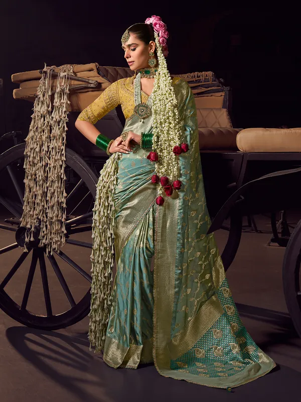 Sky blue viscose tissue silk saree for festive wear