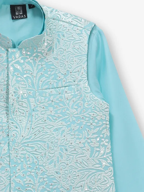 Sky blue waiscoat set for boys in cotton silk