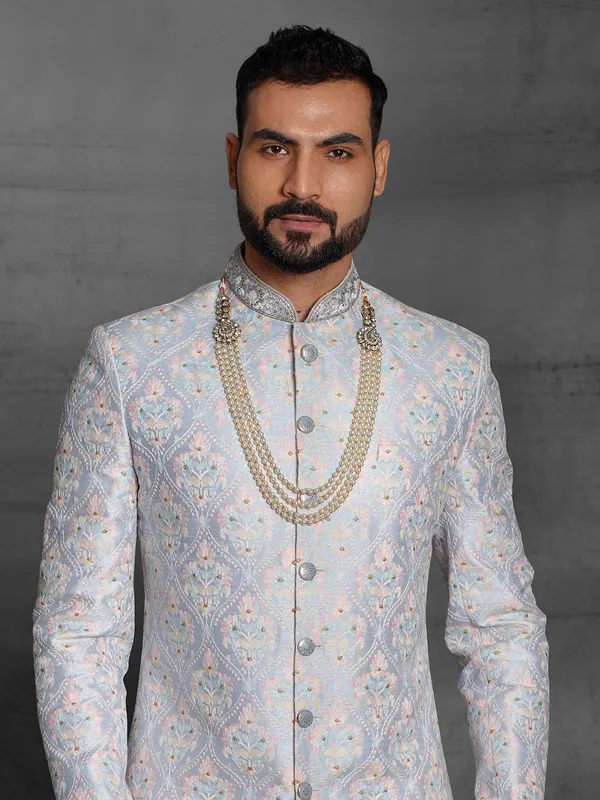 Lavender purple wedding sherwani in raw silk fabric