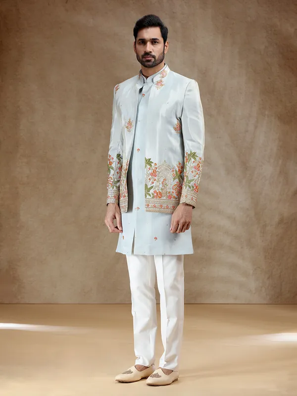 Sky blue wedding wear silk indowestern set