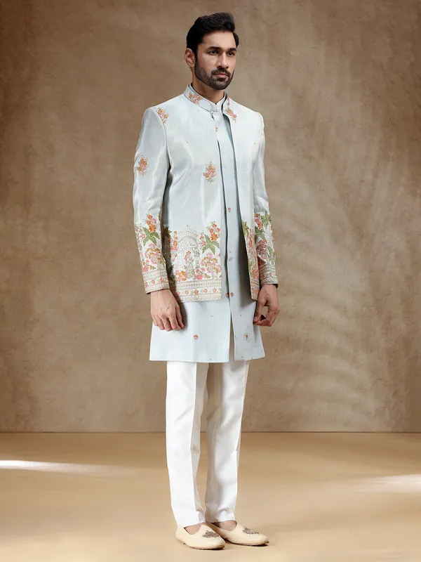 Sky blue wedding wear silk indowestern set