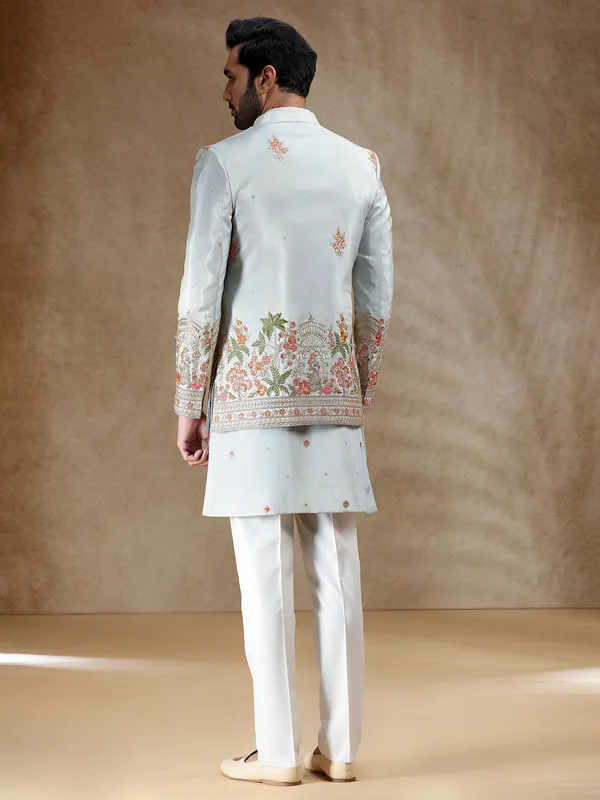 Sky blue wedding wear silk indowestern set