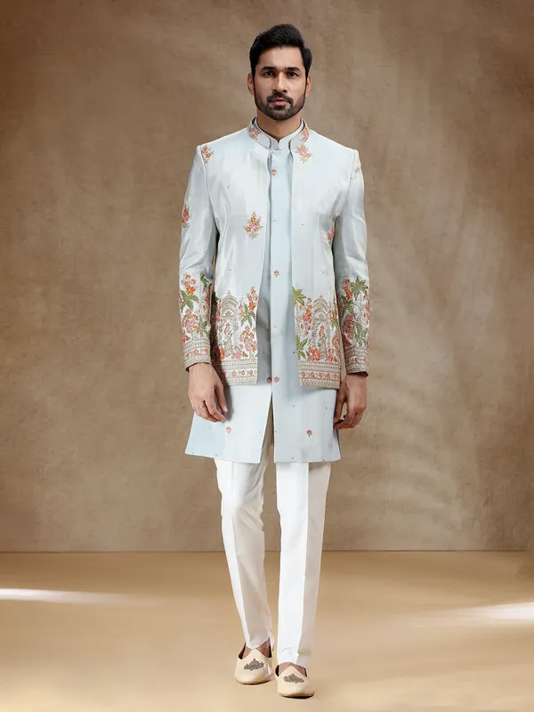 Sky blue wedding wear silk indowestern set