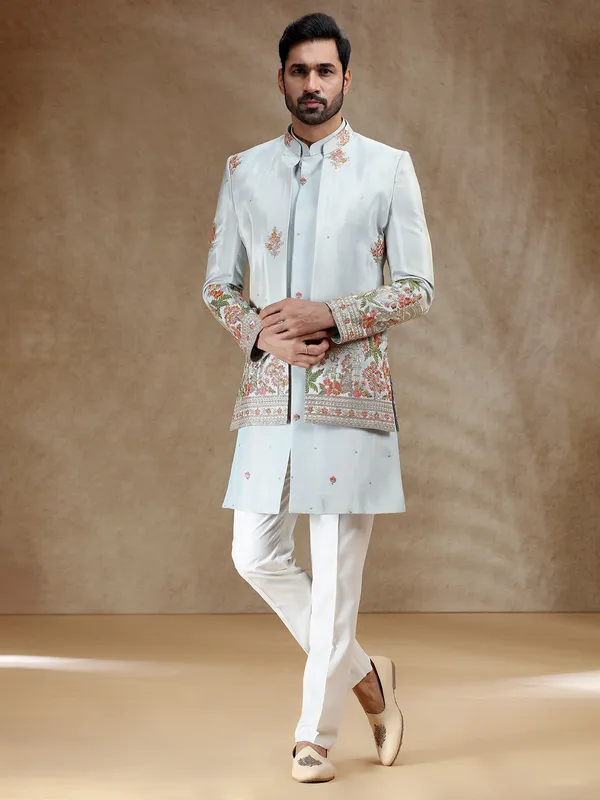 Sky blue wedding wear silk indowestern set