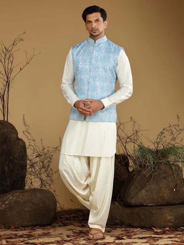 Sky blue wedding wear waistcoat set