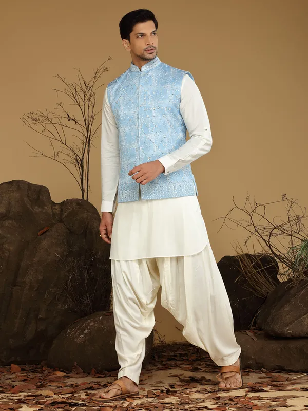 Sky blue wedding wear waistcoat set