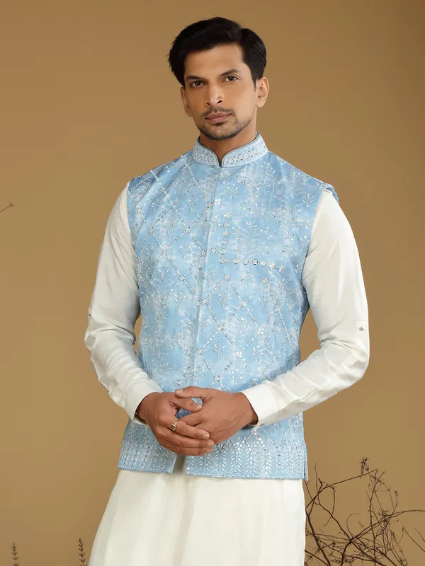 Sky blue wedding wear waistcoat set