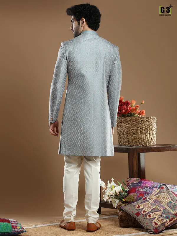 Slate grey silk wedding wear indo western for men