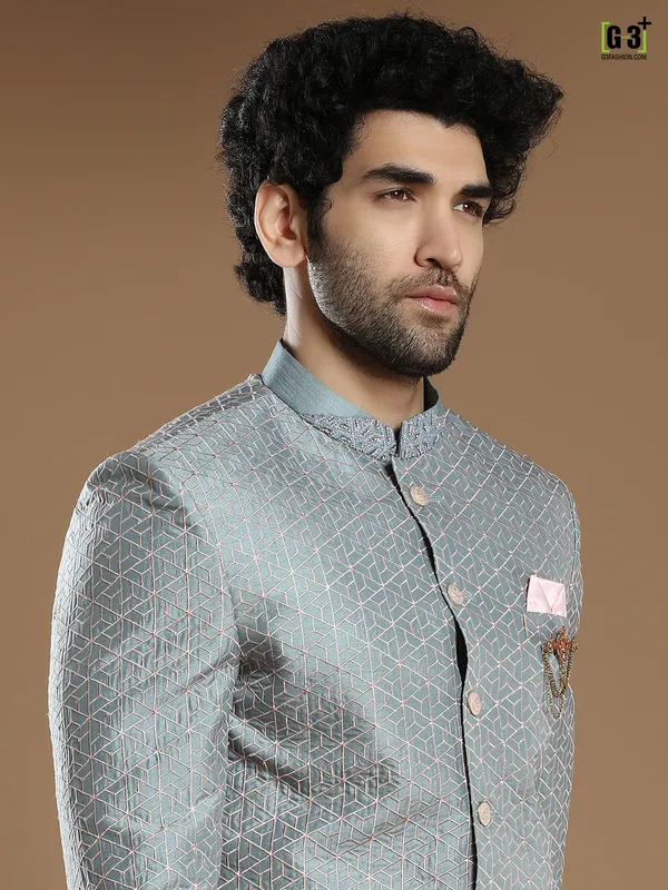 Slate grey silk wedding wear indo western for men