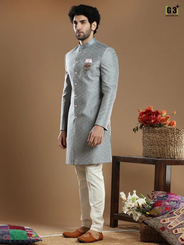 Slate grey silk wedding wear indo western for men