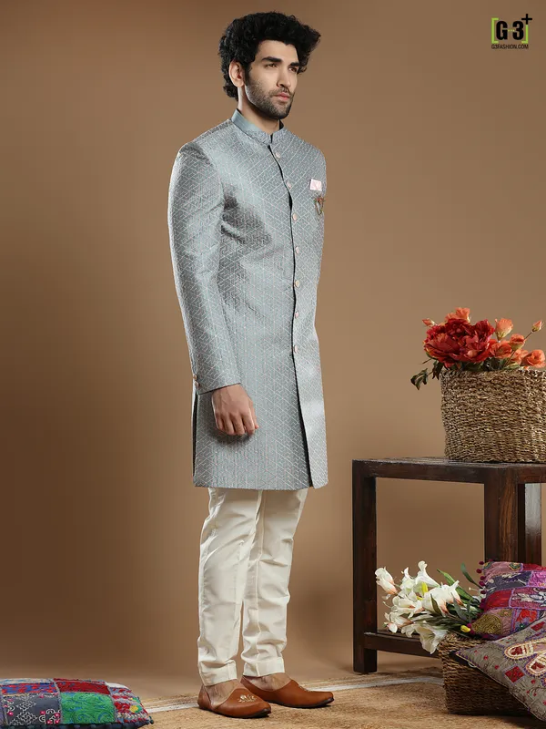 Slate grey silk wedding wear indo western for men