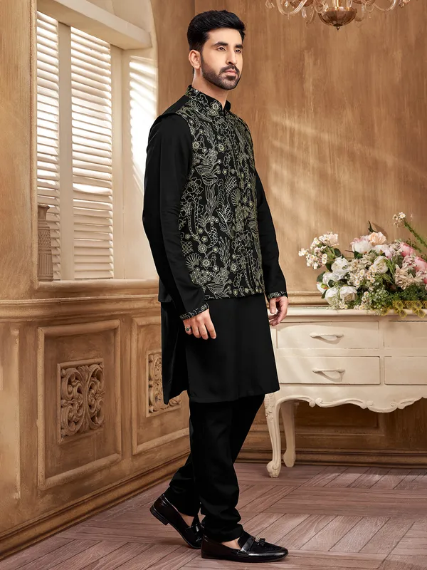 Sleek black resham waistcoat set for the modern gentleman